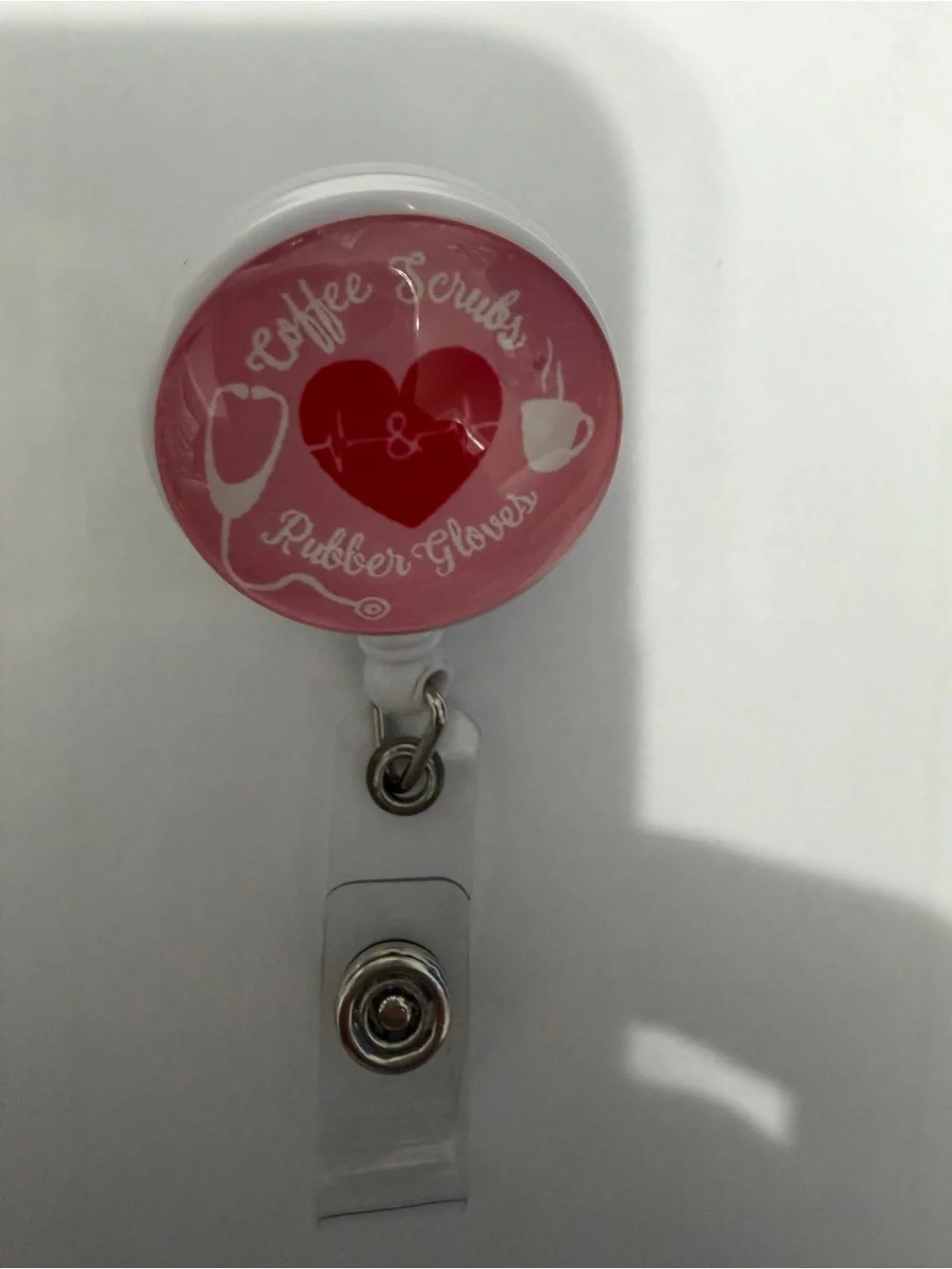 Pink Coffee Scrubs & Rubber Gloves Retractable Badge Reel